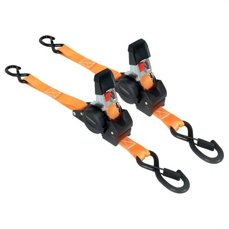 2pcs Orange Retractable Ratchet Tie Down Straps,Polyester Webbing With Steel Ratchet,Self Locking Auto Wind Quick Release,Adjustable Length Lightweight,Suitable For Truck Trailer Motorcycle Cargo Securing,Anti-Rust Coating Durable All-Weather Use