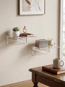 2/1pc Small Acrylic Wall-Mounted Shelf - Wall-Mounted Plant Hanging Display Rack, Bedroom Adhesive Storage Shelf, Transparent Toy Display Rack, Transparent Acrylic Floating Wall-Mounted Shelf, Mini Transparent Display Rack, Suitable For Bedroom, Office And Living Room, Small Floating Storage Shelf, Suitable For Smart Speakers, Monitors And Clocks And Other Items. - Multiple Styles - View 3
