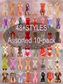 Plus Size Sexy 48 Random 10-Piece Combo Sets, Colors Random, Women's Sexy Multi-Style Sexy Mesh Dresses, Hollow-Out Designs, Open-Crotch Close-Fitting - Multicolor - View 6