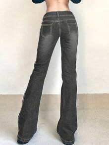 Women's Y2K Flared Jeans With Pockets, Autumn Casual Spring Fall - Dark Grey - View 6