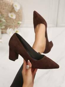 Women's High Heel Pumps, Chunky Square Heel, Spring/Autumn, Block Heels, Fine Suede Coated Fabric, Solid Color, No Print, Pointed Toe, Low Vamp - Coffee Brown - View 2