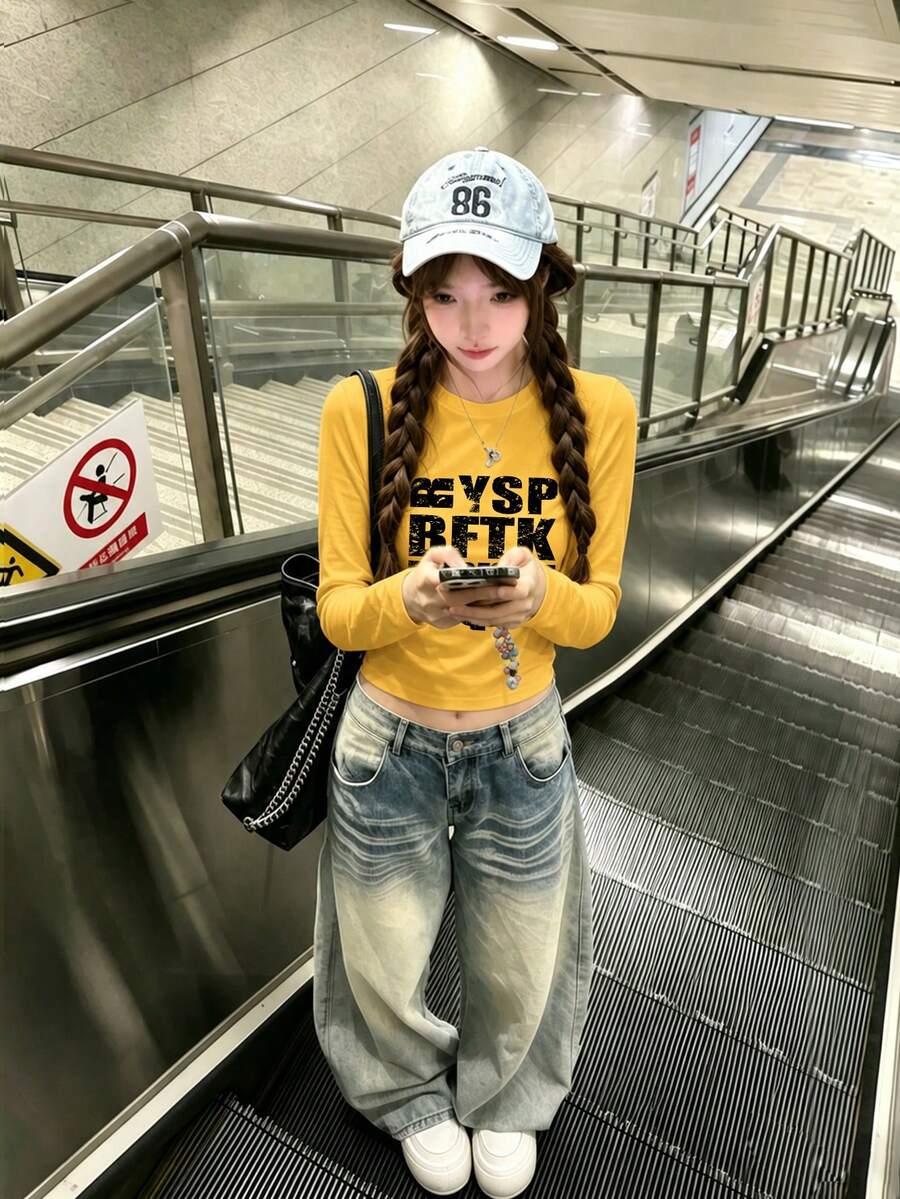 Street Style American Letter Print Design Fitted Y2K T-Shirt, Women's Autumn Long Sleeve Inner Layer Top Yellow Casual - Yellow - View 1
