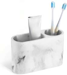 Resin Toothbrush Holder, 2-Compartment Bathroom Accessory, Elegant Storage For Toothbrushes And Toothpaste, Suitable For Bathroom And Guest Toilet Sink - White Marble Pattern - View 9