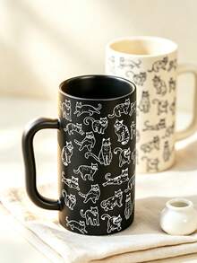 Minimalist Line Art Cat Print Ceramic Tall Coffee Mug, Black & White Kitten Drinkware, Cute Desk Decor, Cat Mom Birthday Gift - Cat Mug - View 7