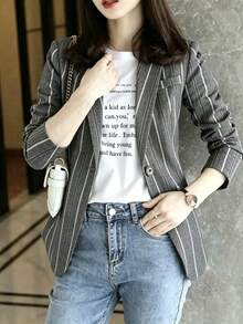 Jaket Blazer Kasual Gaya Korea Elegan Slim Fit Bergaris Vertikal Premium untuk Kembali ke Sekolah Musim Gugur - Grey - View 4