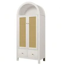 Wardrobe 181x78x45 Cm With Rattan Weave, Country Style In Oak Finish, Open Semi-Circular Shelf, 2 Doors With Magnetic Closure, 2 Drawers, Clothes Rail And Tip-Over Protection - 白色 - 查看 11
