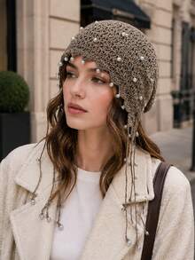 1pc Women's Spring Summer Autumn Knitted Hat, Vintage Handmade Hollow Crochet Pearl Tassel Beanie, Atmospheric Versatile Knitted Hat, Niche Personalized Lace Hat, Suitable For Outfit, Photography, Travel, Daily Use - Beanie - View 5