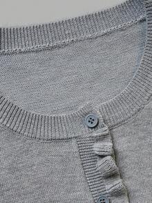 Autumn Women Gray Ruffle Knit Cardigan Round Neck Button Front Long Sleeve Casual Tops Elegant Vacation Going Out Outfits For Women - Grey - View 5
