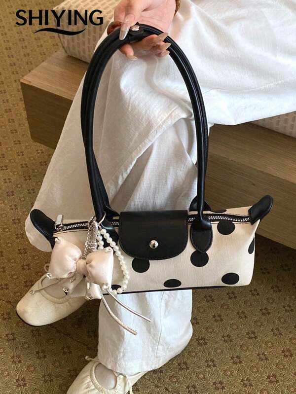 1pc Polka Dot PU Fabric Women's Shoulder Bag, Vintage Fashion Baguette Underarm Bag, Suitable For Commuting, Shopping, Dating