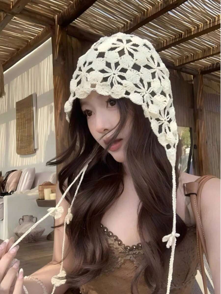 1pc Women's Spring/Summer Handmade Knitted Mesh Hollow Coin Flower Design Elegant Breathable Thin Knit Hat - A - View 1