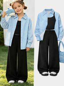 Conjunto de 3 Peças de Moda Casual para Meninas, Camisa de Manga Longa Listrada Azul e Branca, Colete Preto, Conjunto de Calça Perna Larga, Adequado para Diversas Ocasiões - Azul - Visão 2