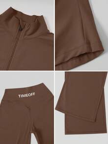 TimeOff 女款秋冬套裝 素色立領夾克外套搭配高腰直筒寬腿長褲 - 棕色 - 查看 4