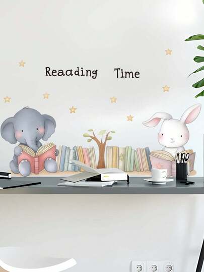 1pc,Multi-Style,Cartoon Animal Decorative Wall Sticker,Elephant Rabbit Reading,Treehouse Elf,Cute Cat,Animals Sitting In A Row,Animals Stacked Up,PVC Self-Adhesive Removable Wall Sticker,Suitable For Study,Dining Room,Children's Room,Nursery,Toy Room,Living Room,Bedroom Background Wall