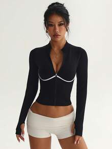 Curved Contrast Stitch Zipper Short Fitness Jacket, Slim Fit Long Sleeve Thumb Hole Sports Outerwear - Black - View 3