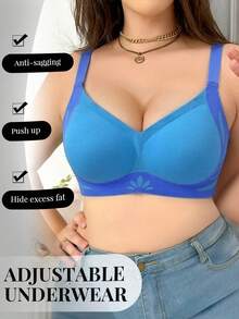 1pc Seamless Contrast Color Lift-Up Plus Size Wireless Push-Up Anti-Sagging Side-Boob Support Bra - Blue - View 1