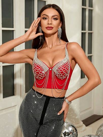 Mesh Rhinestone Tassel Chain Strap Tank Top, Sexy Nightclub Performance Shiny Cropped Bustier For Women, Body-Shaping Outerwear