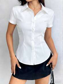 Summer New Women's Short Sleeve Fitted Slim Fit Collar Button Shirt, Simple Fashion Elegant Casual Women's Wardrobe Essential Sports White - White - View 6