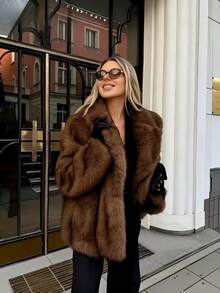 Solid Color Plush Faux Fur Coat, European Comfortable Casual Slimming Sexy Warm Fashionable - Brown - View 2