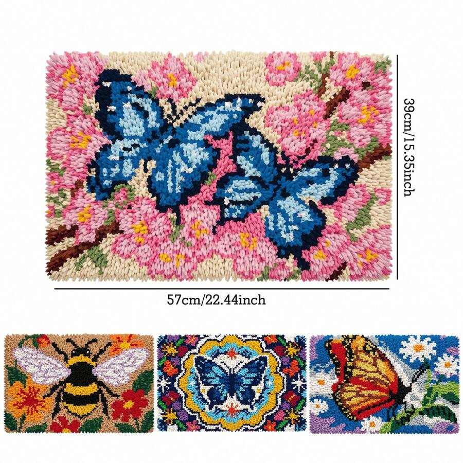 成人與初學者適用鎖鉤刺繡套件，含網格底布、線材與鉤針，蜜蜂與蝴蝶圖案，適合十字繡與沙發裝飾，完美節日禮物，適用居家、花園或辦公室，39x57cm/15.3x22.44in