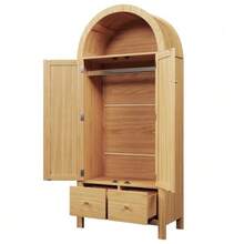 Wardrobe 181x78x45 Cm With Rattan Weave, Country Style In Oak Finish, Open Semi-Circular Shelf, 2 Doors With Magnetic Closure, 2 Drawers, Clothes Rail And Tip-Over Protection - 駝色 - 查看 8