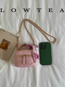 Low Tea 1件純色PU布料女款時尚迷你方型手提包，頂部單手柄設計，拉鍊開合，適合旅行、購物、約會，通勤、戶外、出遊，女性禮物 - 粉色 - 查看 4