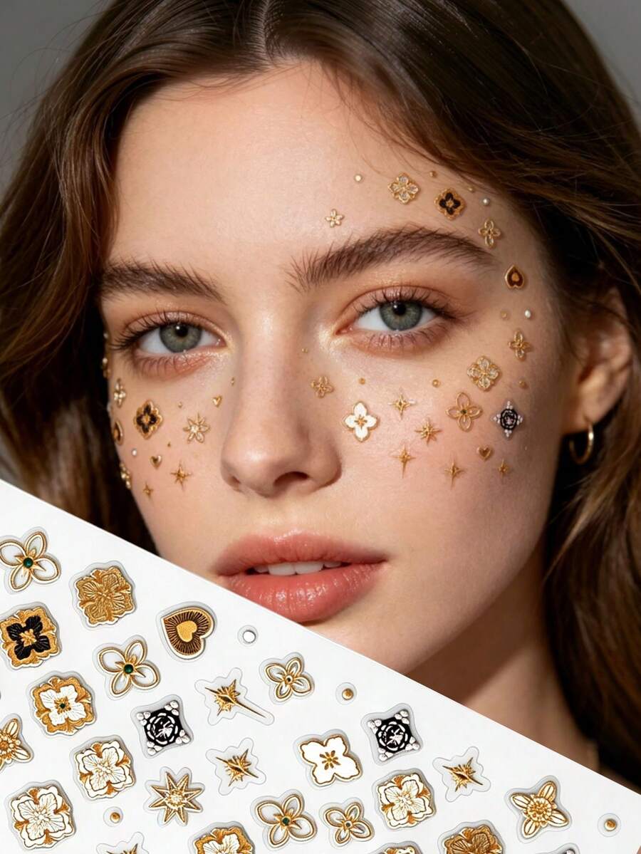 1pc Vintage Gold Foil Four-Leaf Clover Star Heart Face Decoration Sticker, Exquisite Embossed Metal Flower 3D Eye Makeup Sticker, Gentle Luxury Style Photography, Wedding, Stage Makeup Accessory, Multi-Style Gold Pattern Waterproof Sticker, Can Be Applied To Forehead, Cheeks, Collarbone, Atmosphere Exquisite Girl Versatile Face Makeup Decoration Sticker Set - Multicolor - View 1