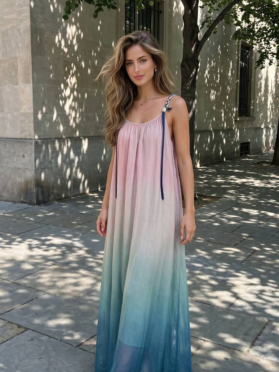 French Elegant Gradient Strap Dress, Popular Summer Style For Women Party Vacation - Baby Pink - View 1