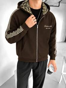 Men's Leopard Print Lining Hooded Zip-Up Jacket With Side Stripes, Loose Oversized Vintage Y2K Streetwear Style Warm Coffee Color Hooded Coat With Pockets - Coffee Brown - View 2