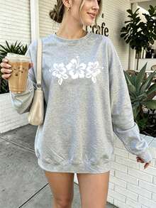 Women's Cream Long Sleeve Sweatshirt, Black Hibiscus Flower Graphic Print, Tropical Hawaiian Style Pullover Top, Casual Streetwear Fashion - Grey - View 6