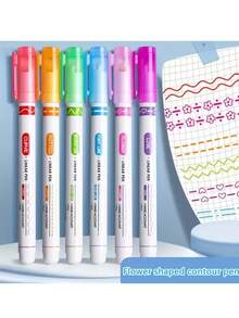 6pcs Different Curved Flower Outline Pens, Different Line Curve Shapes, Stationery For Note-Taking, Marking Colored Pencils - A - View 2