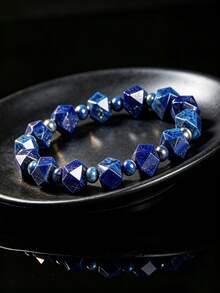 1pc Natural Lapis Lazuli Faceted Stone Beaded Bracelet, Unisex Geometric Healing Crystal Energy Elastic Bracelet - Blue - View 3