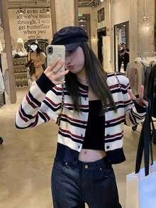 Vintage Colorblock Striped Loose Short Slimming Long Sleeve Knit Cardigan For Women - White - View 7