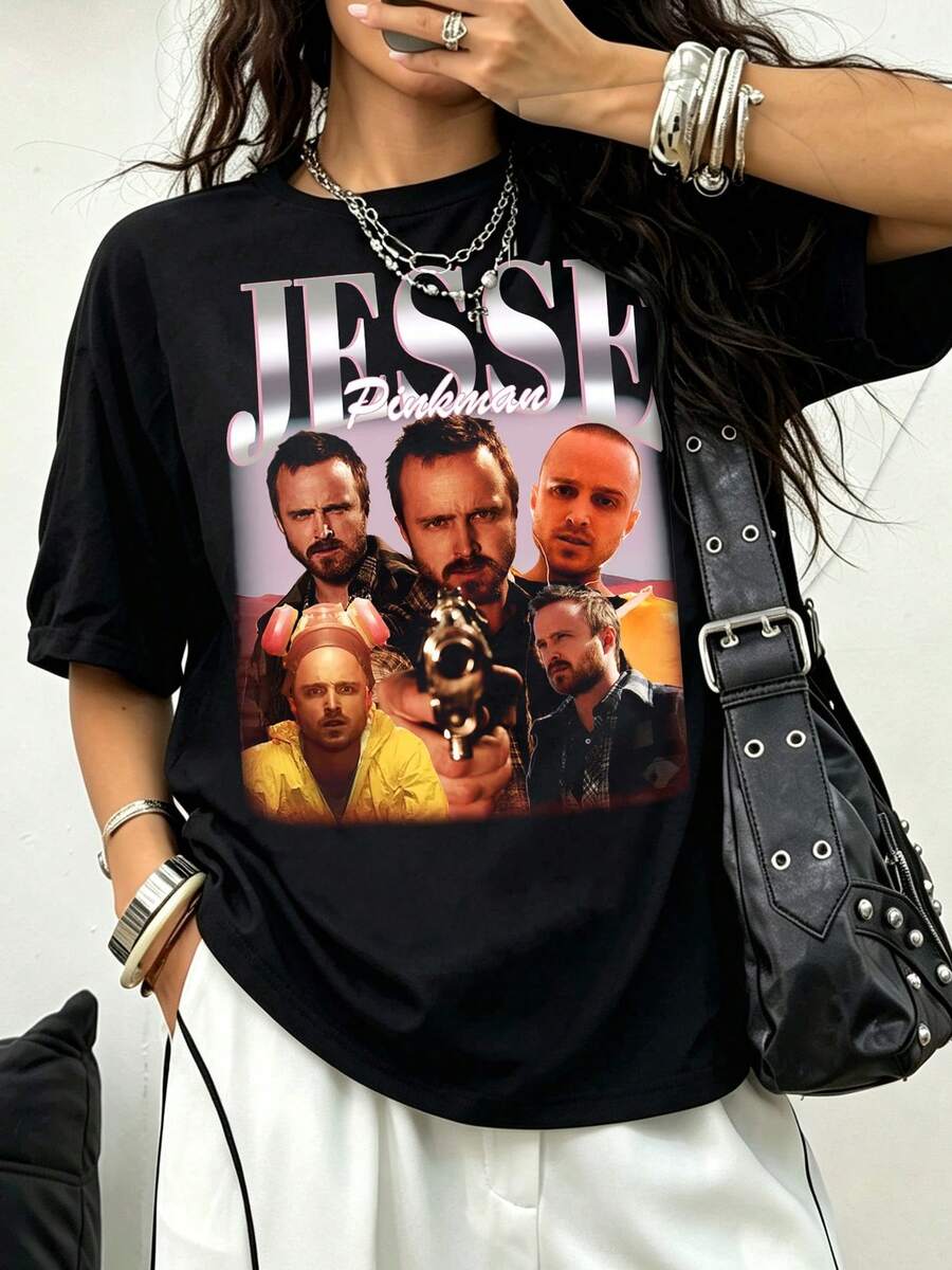 Vintage Bootleg Jesse Pinkman Multi Portrait Gun Collage T-Shirt  Retro TV Show Metallic Large Text Print 100% Cotton Tee - Black - View 1