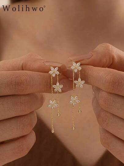 14K Gold Plated Zirconia Flower Pendant Earrings For Women, Elegant Chain Ball Drop Earrings, Long Tassel Dangle Earrings For Wedding Party Jewelry