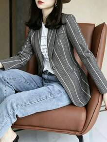 Jaket Blazer Kasual Gaya Korea Elegan Slim Fit Bergaris Vertikal Premium untuk Kembali ke Sekolah Musim Gugur - Grey - View 5