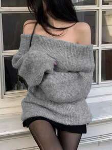 Open Shoulder Knit Sweater - Grey - View 3