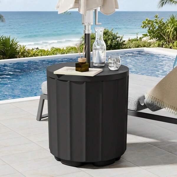2-In-1 Patio Umbrella Stand Table Base Black Heavy Duty Wind Resistant Side Table With 1.5 Inch Hole Outdoor Furniture For Pool Backyard Easy Assembly