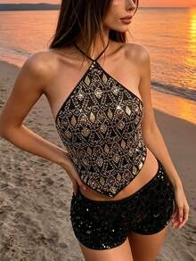 Black & Gold Heavy Embellished Sequin & Beaded Spaghetti Strap Camisole Top, Triangle Hem, Backless, Sexy Short Style For Women, Summer Casual - Black - View 2