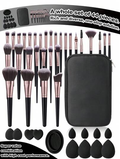 44Pcs Professional Beauty Applicator Bundle, 30 Two-Tone Synthetic Bristles Makeup Brushes, Wet & Dry Usable Makeup Sponges, Portable Square Zipper Cosmetic Bag, Complete Value Pack For Daily Makeup & Outdoor Makeup Work