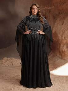 YISIKADO Plus Size Women's Flowy Chiffon Evening Gown, Rhinestone Embellished, High Neck Bell Sleeve Maxi Dress, Suitable For Prom, Wedding Guest - Black - View 2