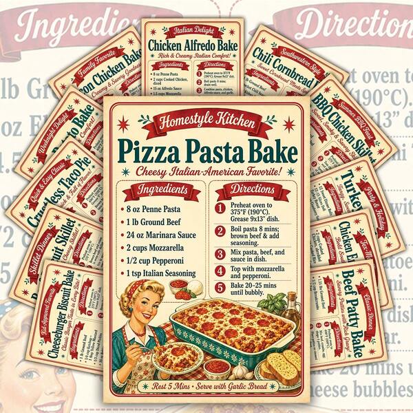 20Pcs Vintage American Comfort Bake Dinner Recipe Cards, 4*6inch Pizza Pasta Chicken Taco Homestyle Bake Ingredients & Step Baking Instructions, Gift For Home Cook Weeknight Family Meal Prep Maker Baking Beginner Supplies