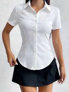Summer New Women's Short Sleeve Fitted Slim Fit Collar Button Shirt, Simple Fashion Elegant Casual Women's Wardrobe Essential Sports White - White - View 7