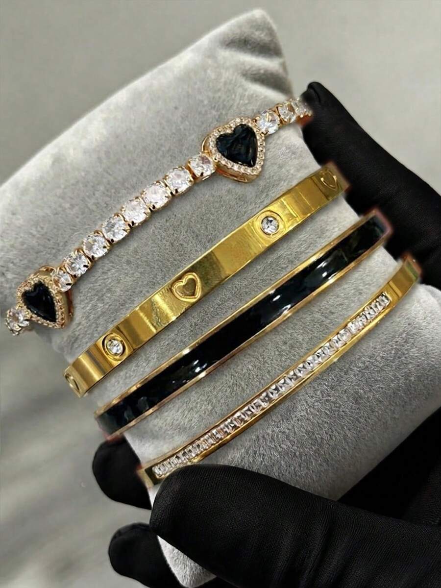 1/4件套18K镀金不锈钢心形扣手链，镶嵌立方氧化锆，女士珠宝套装，适合日常佩戴、音乐节、派对礼物