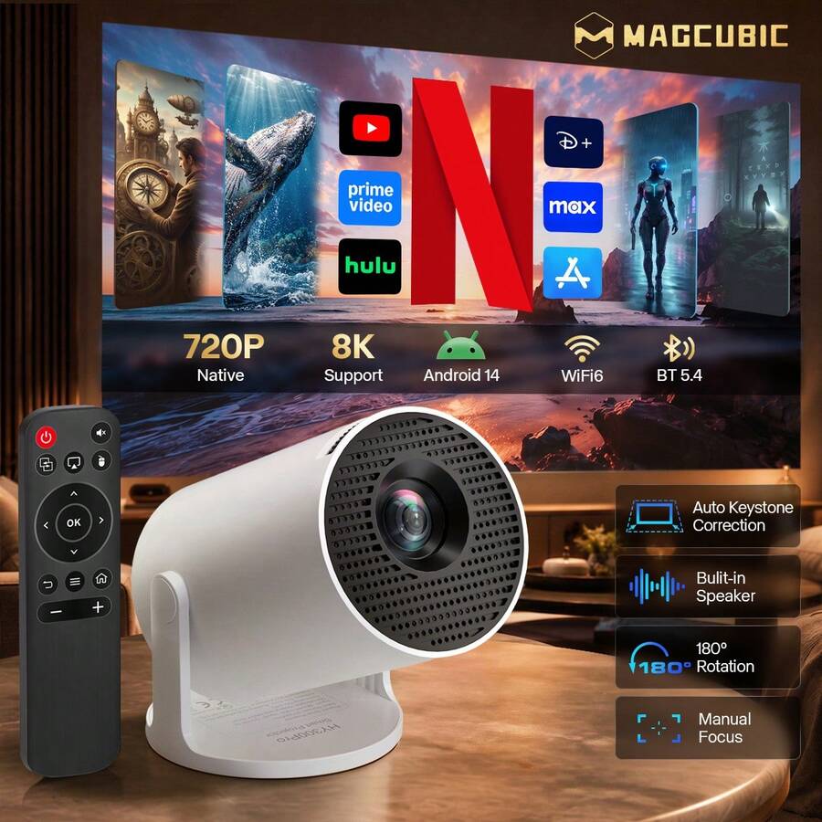 Magcubic HY300Pro Portable Home Theater Projector, Powered By Android 14 System, Compatible With Smartphone/Tablet/Laptop, Supports Native 720P And 8K Resolution, WiFi6/BT5.4, Auto Keystone Correction, Manual Focus, Comes With Portable Stand Suitable For Bedroom/RV, LCD Display - Hy300 - View 1