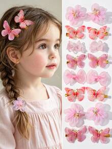 10pcs Kids Girls Pink Fairy-Style Double Layer Mesh Flower Bow Rhinestone Embellished Gradient Butterfly Hair Clips Cute Hair Accessories Hairpins Side Clips For Back To School And Daily Wear - Multicolor - View 1