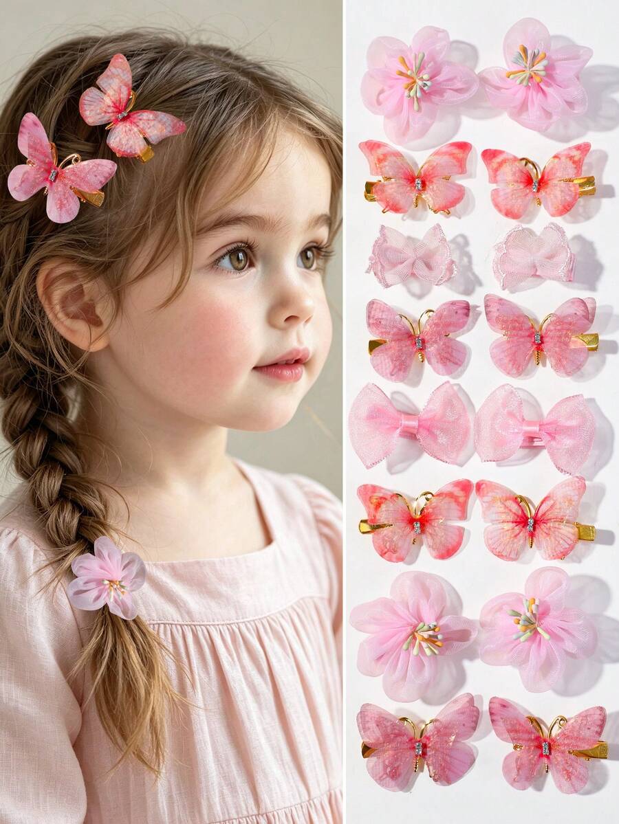 10pcs Kids Girls Pink Fairy-Style Double Layer Mesh Flower Bow Rhinestone Embellished Gradient Butterfly Hair Clips Cute Hair Accessories Hairpins Side Clips For Back To School And Daily Wear - Multicolor - View 1