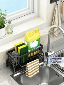 1pc Kitchen Sink Sponge Organizer, Self-Draining Sink Storage Box With Removable Tray, Dish Sponge Holder, Soap Dispenser Brush Rack, Suitable For Bathroom, Black With Handle - Multicolor - View 1