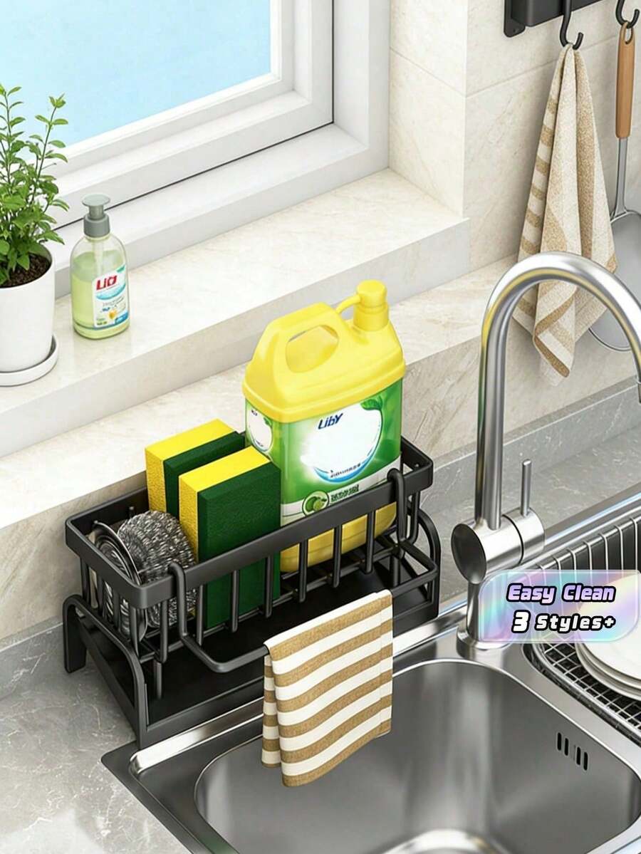 1pc Kitchen Sink Sponge Organizer, Self-Draining Sink Storage Box With Removable Tray, Dish Sponge Holder, Soap Dispenser Brush Rack, Suitable For Bathroom, Black With Handle - Multicolor - View 1