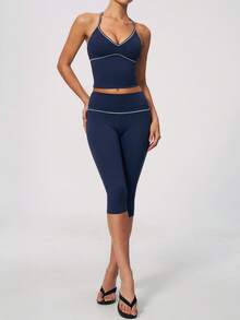 NcmRyu Women's One Set Contrast Color White Line Spaghetti Strap V-Neck Y-Back Tank Top And Hip-Lifting Mid-Length Shorts Sports Set - Blue - View 8