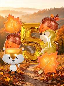 Set Of 8 Gold Balloons Featuring Numbers, Foxes, Squirrels, Acorns, And Maple Leaves-Perfect For Birthday Decorations, Woodland-Themed Parties, Fall Harvest Parties, Thanksgiving, Baby Showers, And Autumn Outdoor Picnics. - View 6